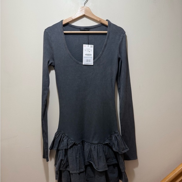 Zara Gray Long Sleeve Acid Wash Effect Mini Dress NWT Size L - Picture 3 of 7